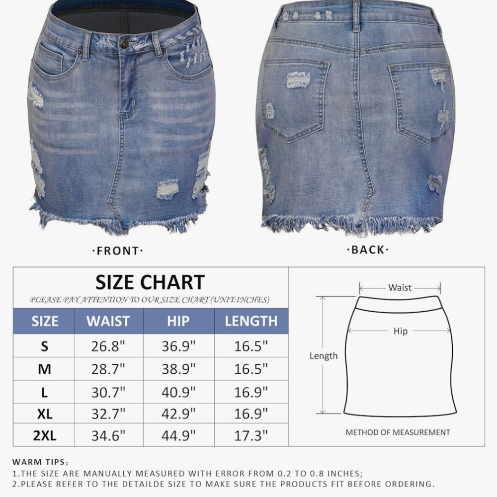Stretchy Denim Jean Mini Skirt, Distressed, S/ M, Fringed Fitted Stretch Cotton - Picture 3 of 12